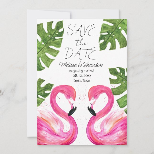 Invitation Flamant rose rose Plage Feuille tropical Mariage (Devant)