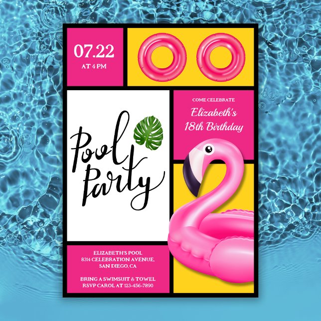 Invitation Flamant rose rose Pool Party Fille Anniversaire (Créateur téléchargé)