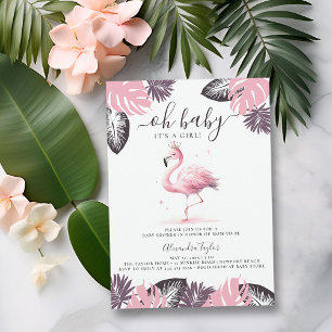 Invitation Flamant rose rose Tiara Tropical Chic Girl Baby sh