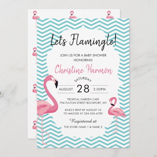 Invitation Flamant rose rose tropical Baby shower de plage Ch (Devant / Derrière)