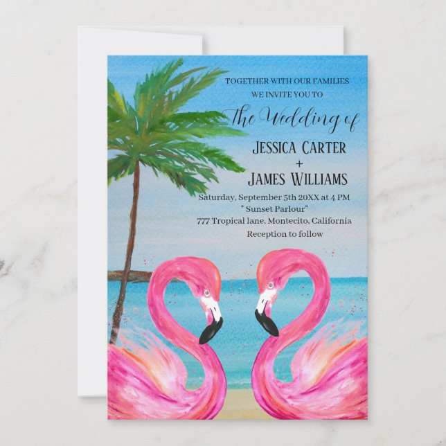 Invitation Flamant rose rose Tropical Beach Wedding (Devant)