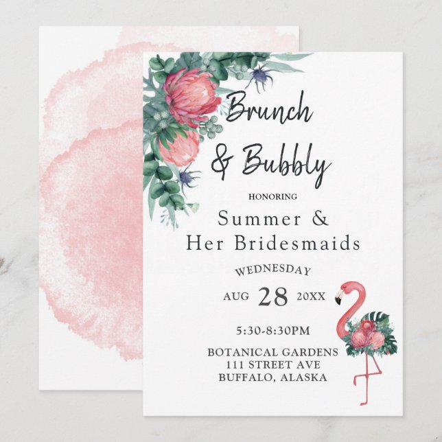 Invitation Flamant rose rose tropical Brunch et Bubbly (Devant / Derrière)