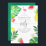 Invitation Flamant rose rose Tropical Exotic 50e fête d'anniv<br><div class="desc">Invitation à la fête du 50e anniversaire avec typographie manuscrite avec feuillage exotique tropical et fleurs,  fruits frais et un flamant.</div>