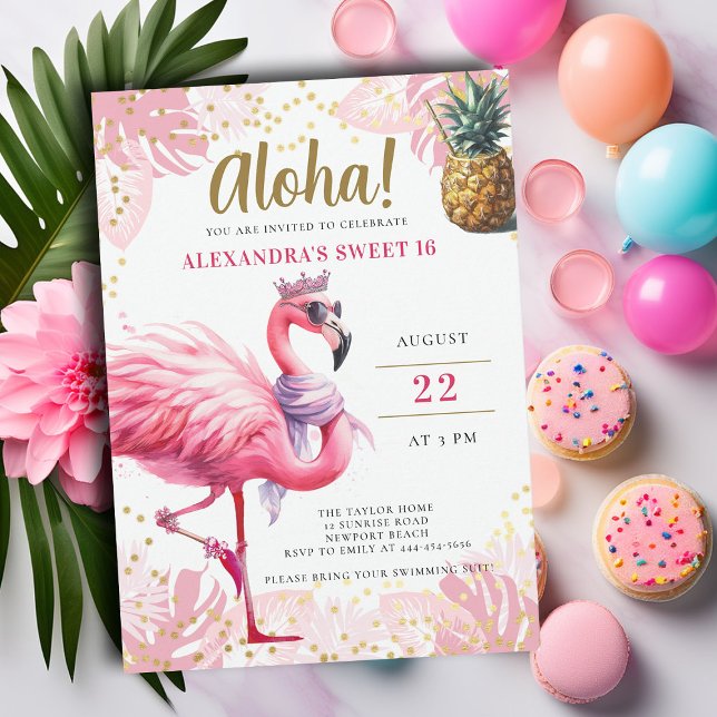 Invitation Flamant rose rose Tropical Floral Aloha Party Swee (pink flamingo sweet sixteen birthday party invitation pool beach summer pineapple cocktails cute fun)