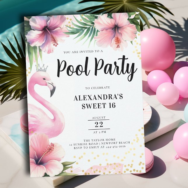 Invitation Flamant rose rose Tropical Floral Pool Party Sweet (pink flamingo sweet sixteen birthday party invitation pool beach summer pineapple cocktails tiara)