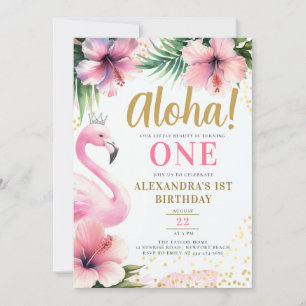 Invitation Flamant rose rose Tropical Gold Aloha 1er annivers