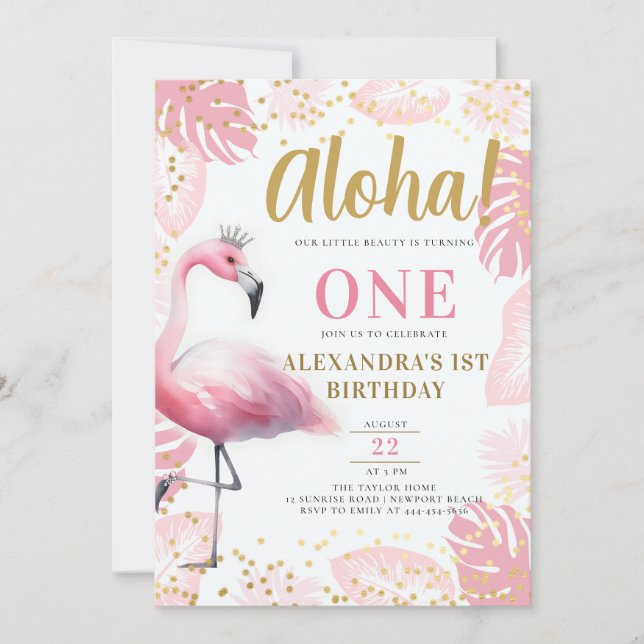 Invitation Flamant rose rose Tropical Hawaii Aloha 1er annive (Devant)