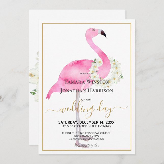Invitation Flamant rose rose tropical Magnolias Beach Mariage (Devant / Derrière)
