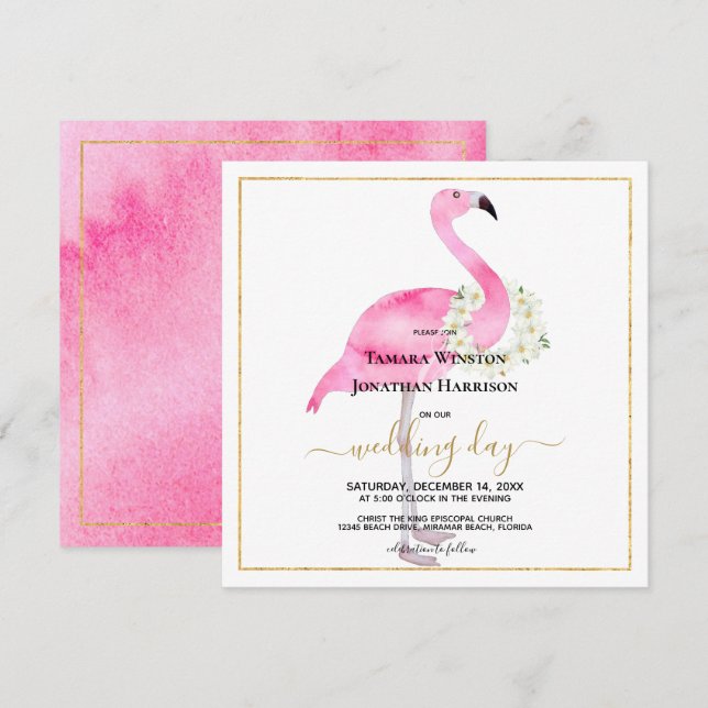 Invitation Flamant rose rose tropical Magnolias Beach Mariage (Devant / Derrière)