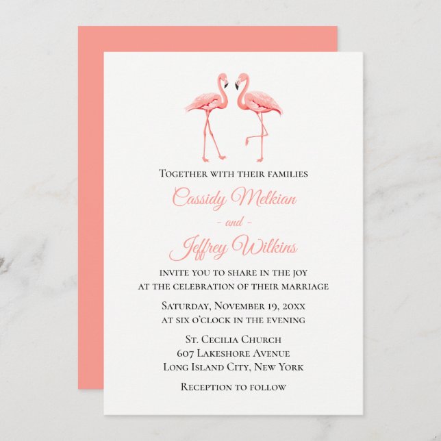 Invitation Flamant rose rose Tropical Mariage mignon Plage d' (Devant / Derrière)
