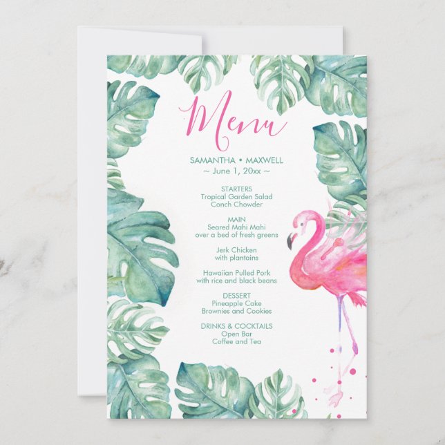 Invitation Flamant rose rose tropical - menu Feuilles (Devant)