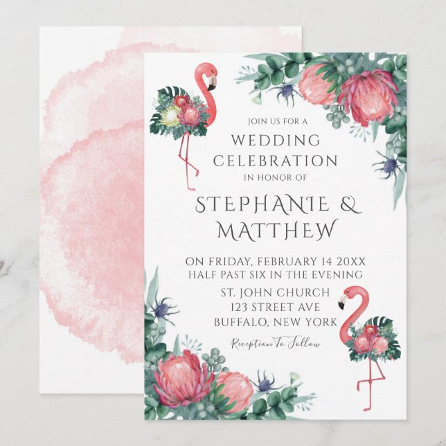 Invitation Flamant rose rose tropicale Peony Mariage floral (Devant / Derrière)