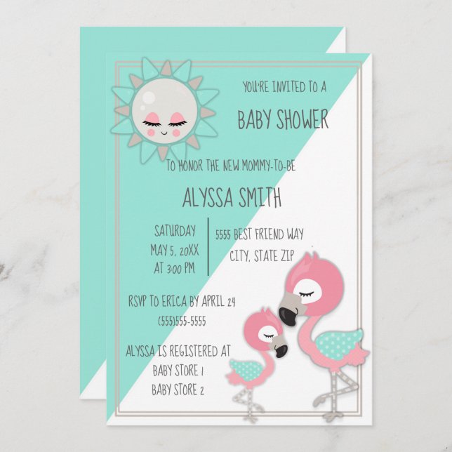 Invitation Flamant rose rose turquoise/vert bébé fille Invita (Devant / Derrière)
