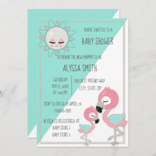 Invitation Flamant rose rose turquoise/vert bébé fille Invita