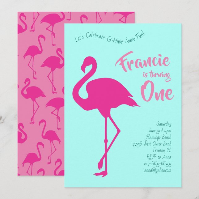 Invitation Flamant rose Silhouettes Tropical 1er Anniversaire (Devant / Derrière)