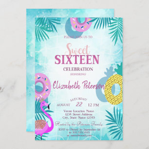 Invitation Flamant rose Summer Pool Sweet 16 Party