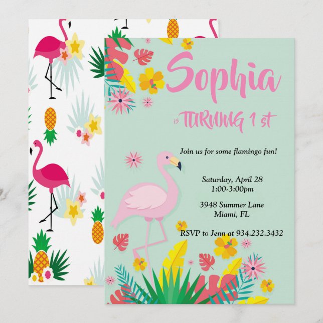 Invitation Flamant rose tropical (Devant / Derrière)