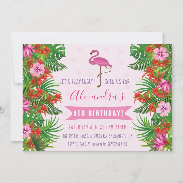 Invitation Flamant rose tropical 5e fête d'anniversaire (Devant)