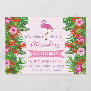 Invitation Flamant rose tropical 5e fête d'anniversaire
