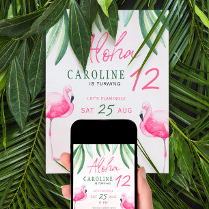 Invitation Flamant rose tropical Aloha anniversaire de enfant