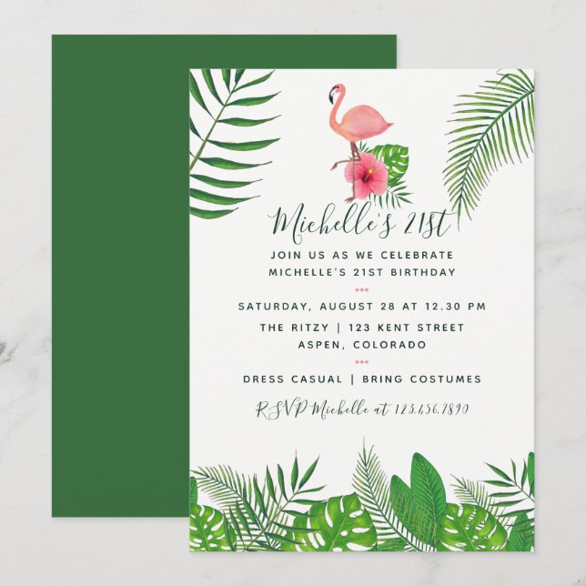 Invitation Flamant Rose Tropical Aquarelle 21e Anniversaire (Devant / Derrière)