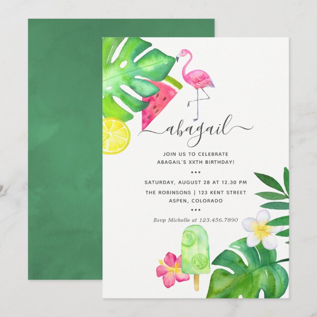 Invitation Flamant Rose Tropical Aquarelle Anniversaire d'Été (Devant / Derrière)