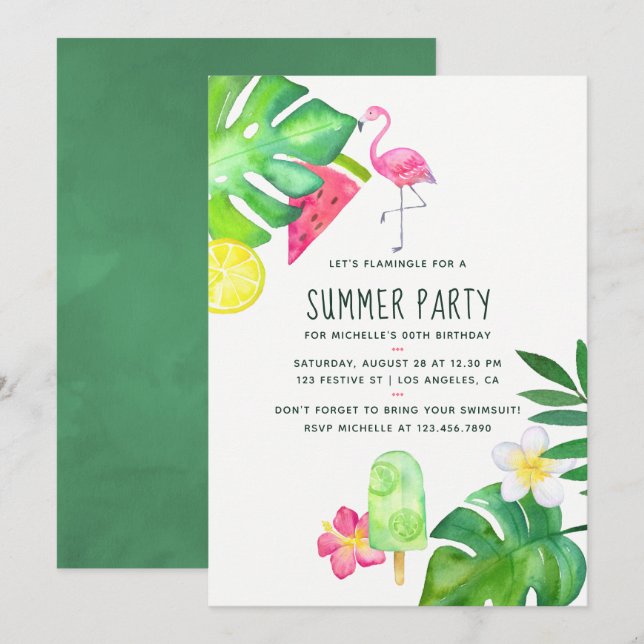 Invitation Flamant Rose Tropical Aquarelle Anniversaire d'Été (Devant / Derrière)