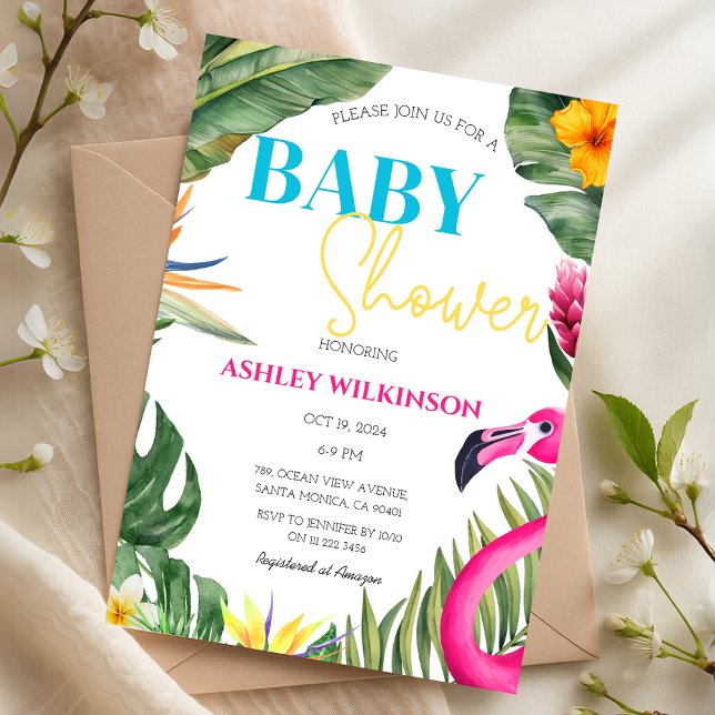 Invitation Flamant rose tropical Baby shower floral d'été (Tropical Flamingo Summer Floral Baby Shower Invitation)