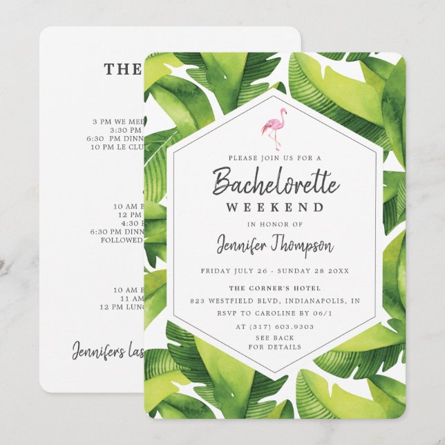 Invitation Flamant rose tropical Bachelorette Week-end Itinér (Devant / Derrière)