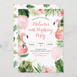 Invitation Flamant rose tropical Bleu rose pâle Anniversaire