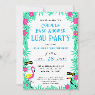 Invitation Flamant rose tropical Couples Baby shower Luau Blu