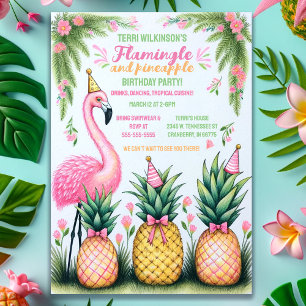 Invitation Flamant rose tropical et ananas fête d'anniversair