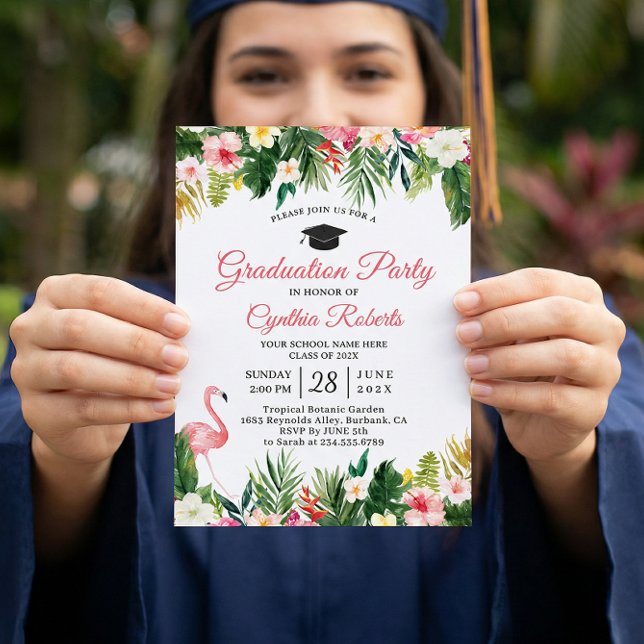 Invitation Flamant rose Tropical Feuilles Floral Graduation P (Créateur téléchargé)