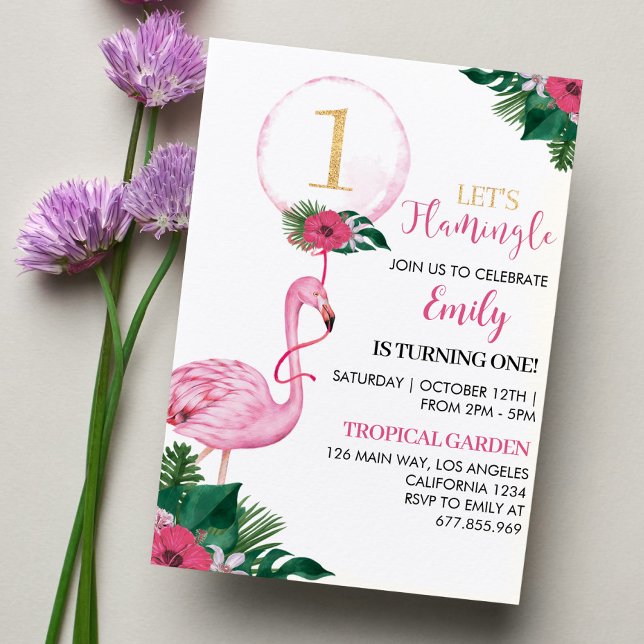 Invitation Flamant rose tropical Fille 1er anniversaire (Créateur téléchargé)