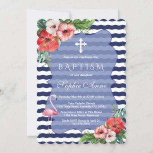 Invitation Flamant rose tropical Floral Luau Marine Baptême b