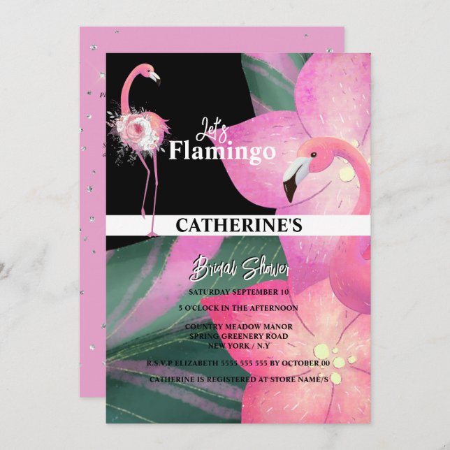 Invitation Flamant rose tropical glam fleuri nuptiale (Devant / Derrière)