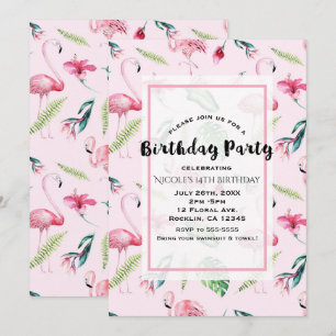 Invitation Flamant Rose Tropical Hibiscus Floral Anniversaire