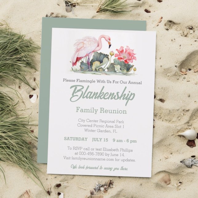 Invitation Flamant rose tropical Réunion familiale un jour (Front template flamingo family reunion design back pastel green.)