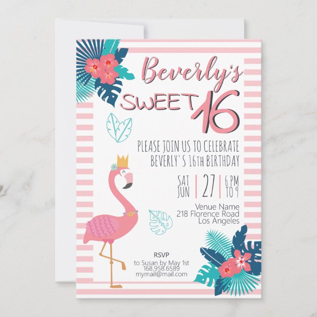 Invitation Flamant rose tropical rose et bleu floral 16e (Devant)