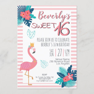 Invitation Flamant rose tropical rose et bleu floral 16e