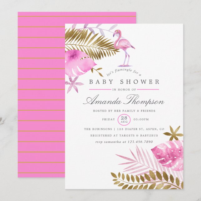 Invitation Flamant rose Tropical rose et or Baby shower fille (Devant / Derrière)