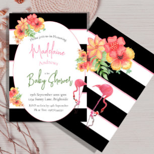 Invitation Flamant rose Tropical rose noir Baby shower en ban