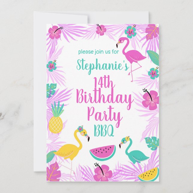 Invitation Flamant rose Tropical Rose Turquoise Palms Anniver (Devant)