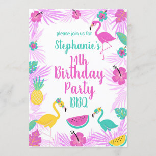 Invitation Flamant rose Tropical Rose Turquoise Palms Anniver