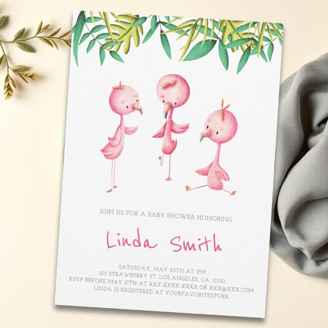 Invitation Flamant rose tropical simple Triplets Baby shower (Créateur téléchargé)