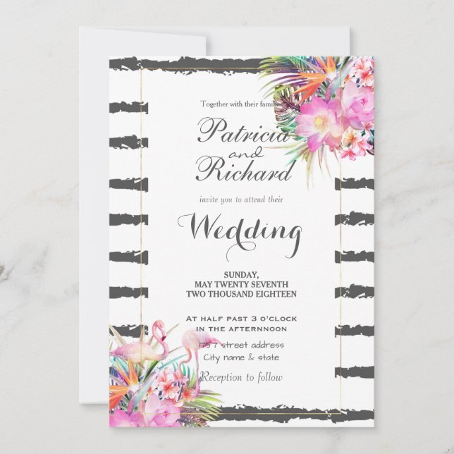 Invitation Flamants floraux tropicaux rayures design mariage (Devant)