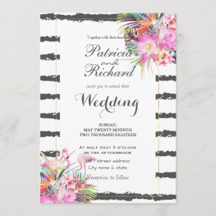 Invitation Flamants floraux tropicaux rayures design mariage