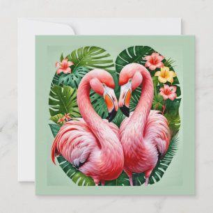 Invitation flamants roses cou cœur rose amour tropical flaman