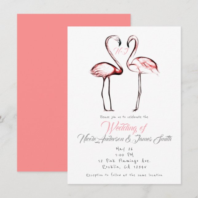 Invitation Flamants Roses Élégants Mariage Peach (Devant / Derrière)