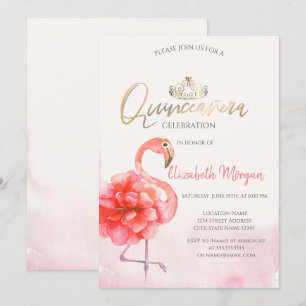 Invitation Flamants roses floraux Couronne dorée Quinceañera